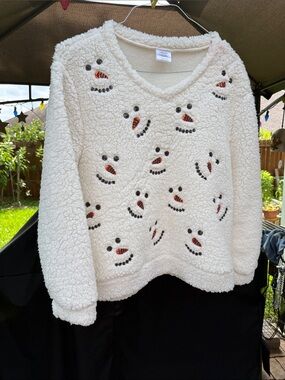 Cozy Cream Snowman Embellished Fleece Sweater